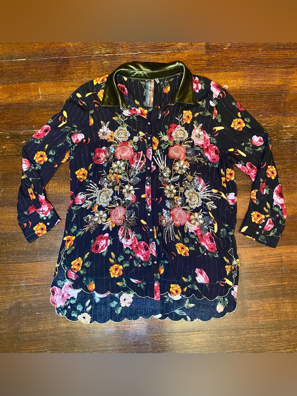 Floral Embroidered Navy Button-Up Shirt